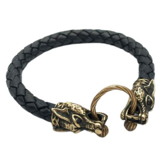 Шкіряний браслет вікінга з головами вовків