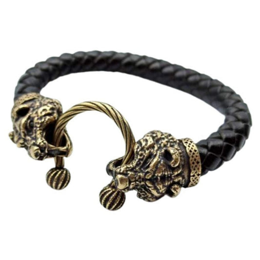 Шкіряний браслет з головою ведмедя 17.5 см Італійська бронза