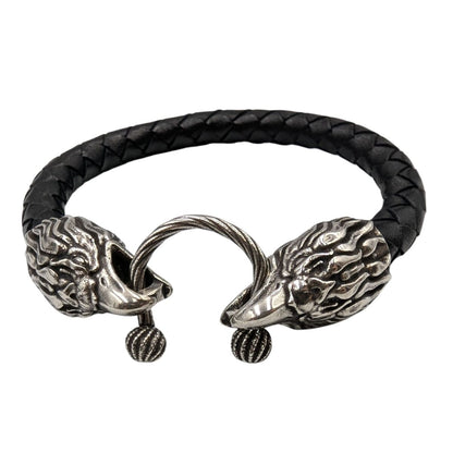 Шкіряний браслет з головами орлів 17.5 см Срібло 925