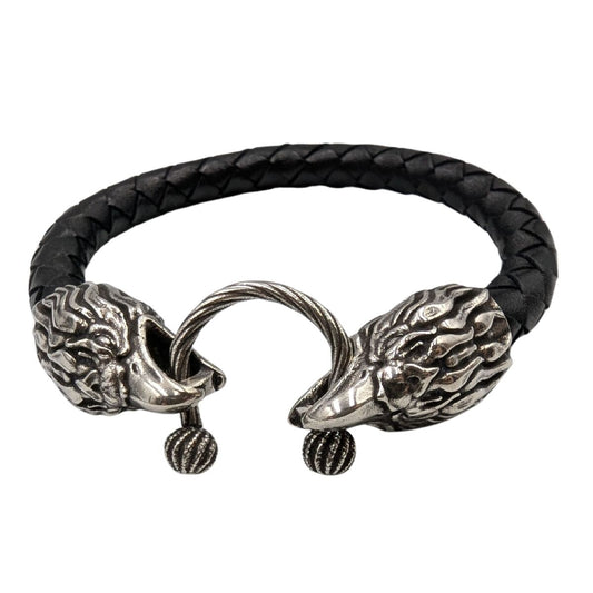 Шкіряний браслет з головами орлів 17.5 см Срібло 925