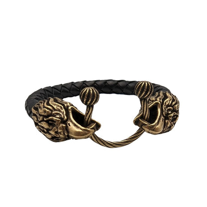 Шкіряний браслет з головами орлів 18 см Бронза